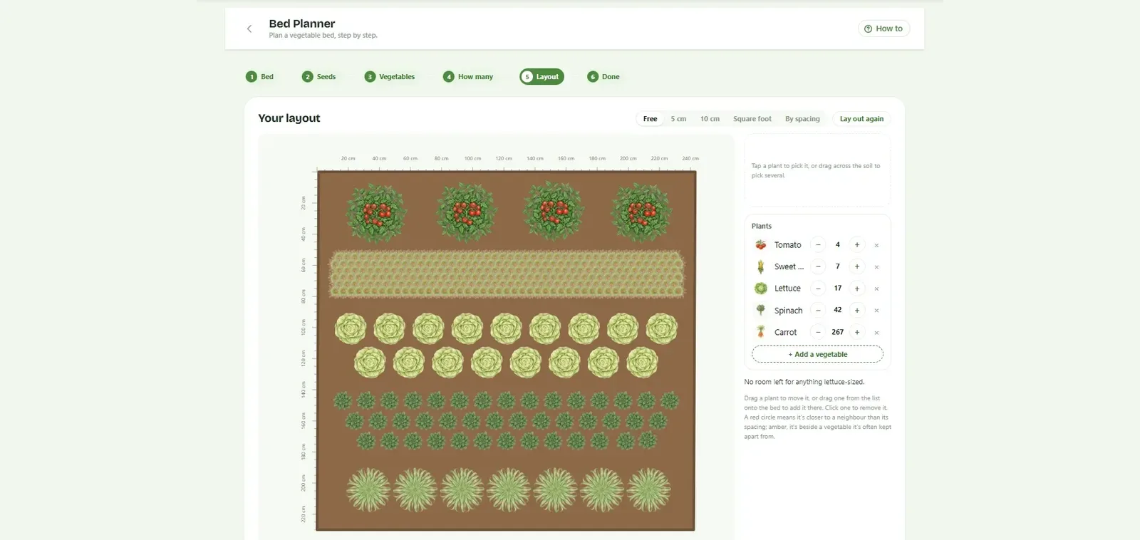 Bed Planner: lay the bed out to scale, each vegetable at its proper spacing.