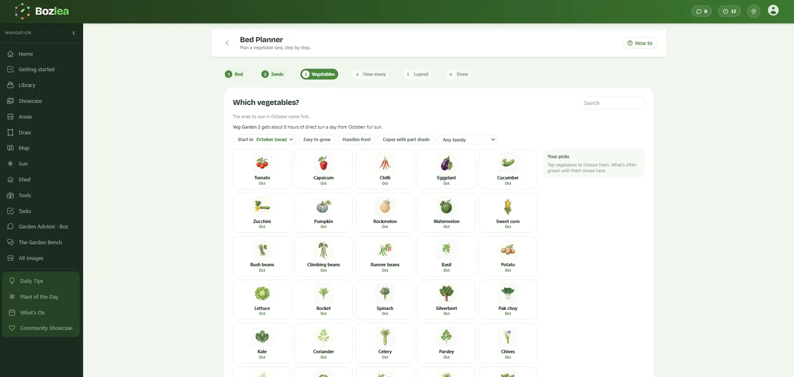 Bed Planner: choose your vegetables, with the ones to sow this month first.