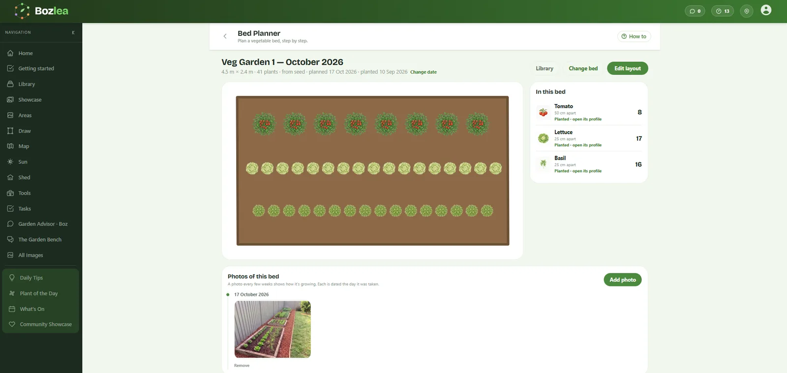 Bed Planner: a veggie bed laid out to scale, with photos of it as it grows.