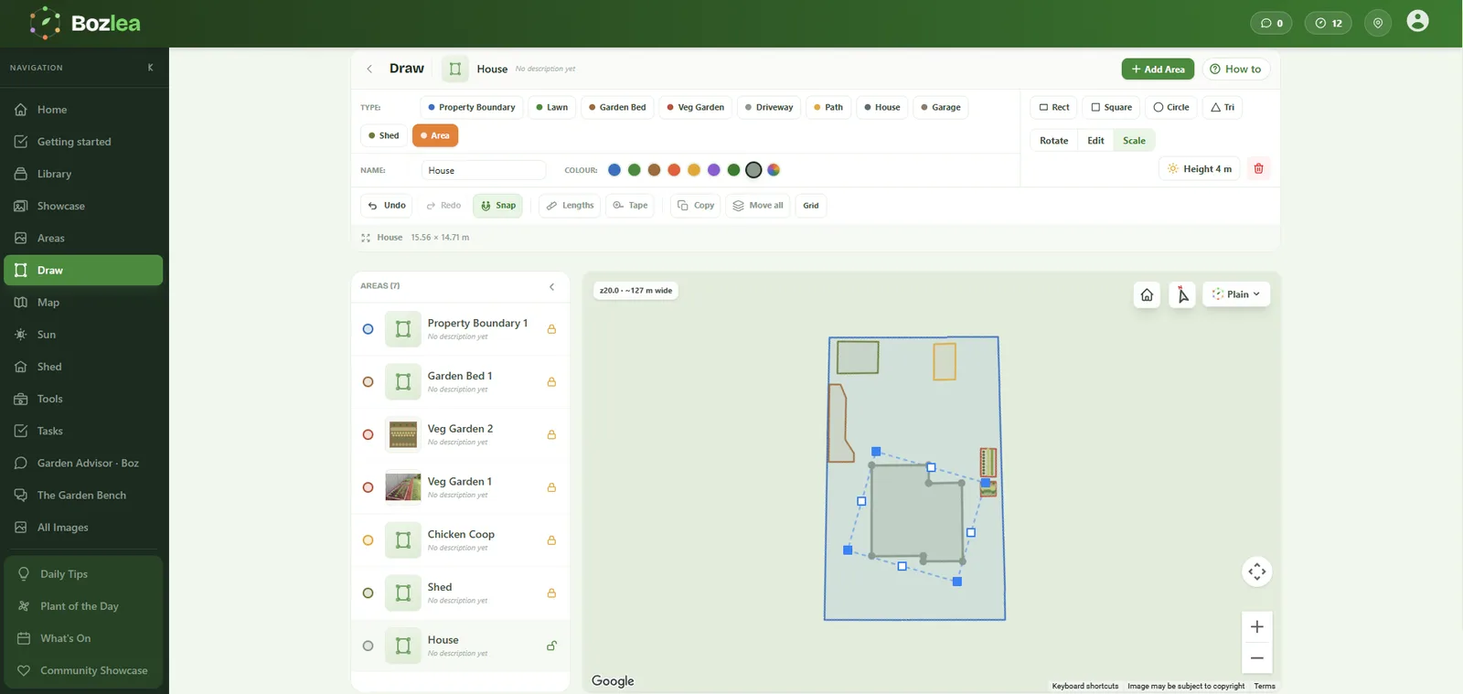 Draw: trace your boundary, beds and buildings over your own block, and shape each one to fit.