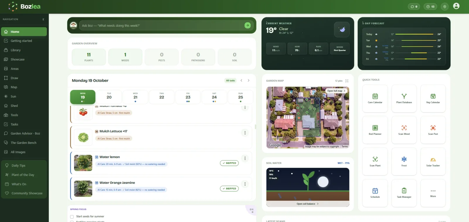 Home: today's jobs, your weather and your garden map on one screen.