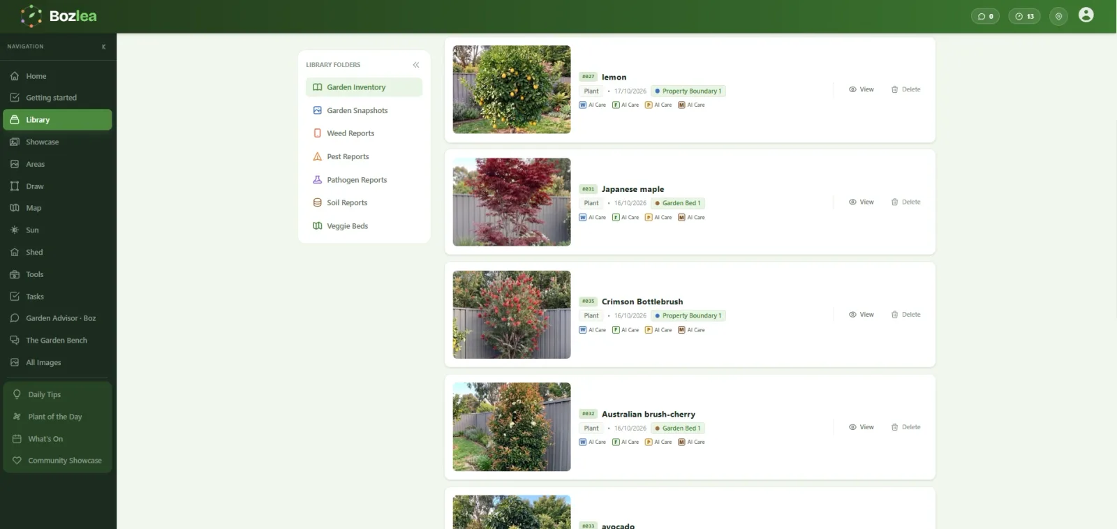 Your library: every plant you have added, with its photo, its place and its care.