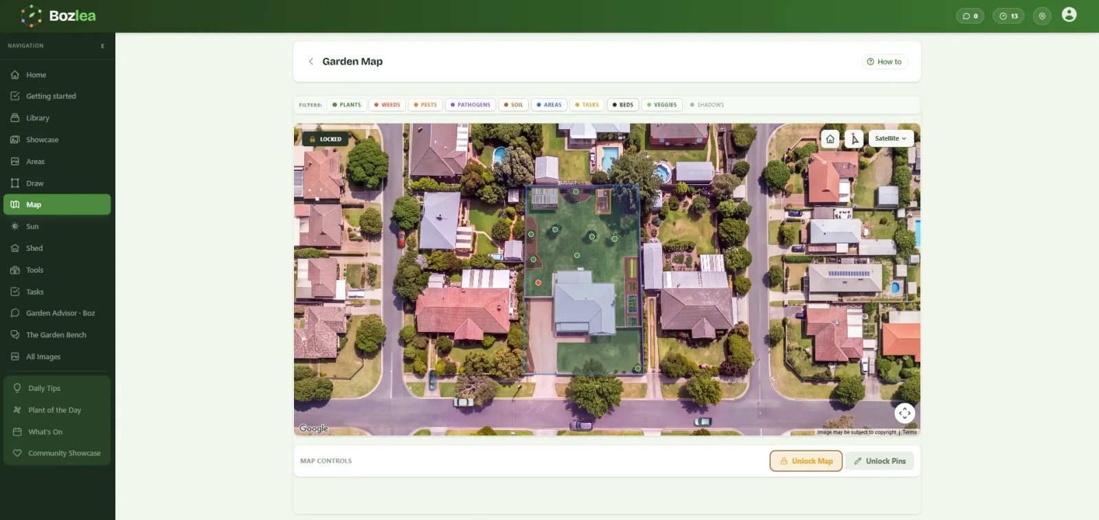 Your garden map: every plant pinned where it grows, inside your own boundary.