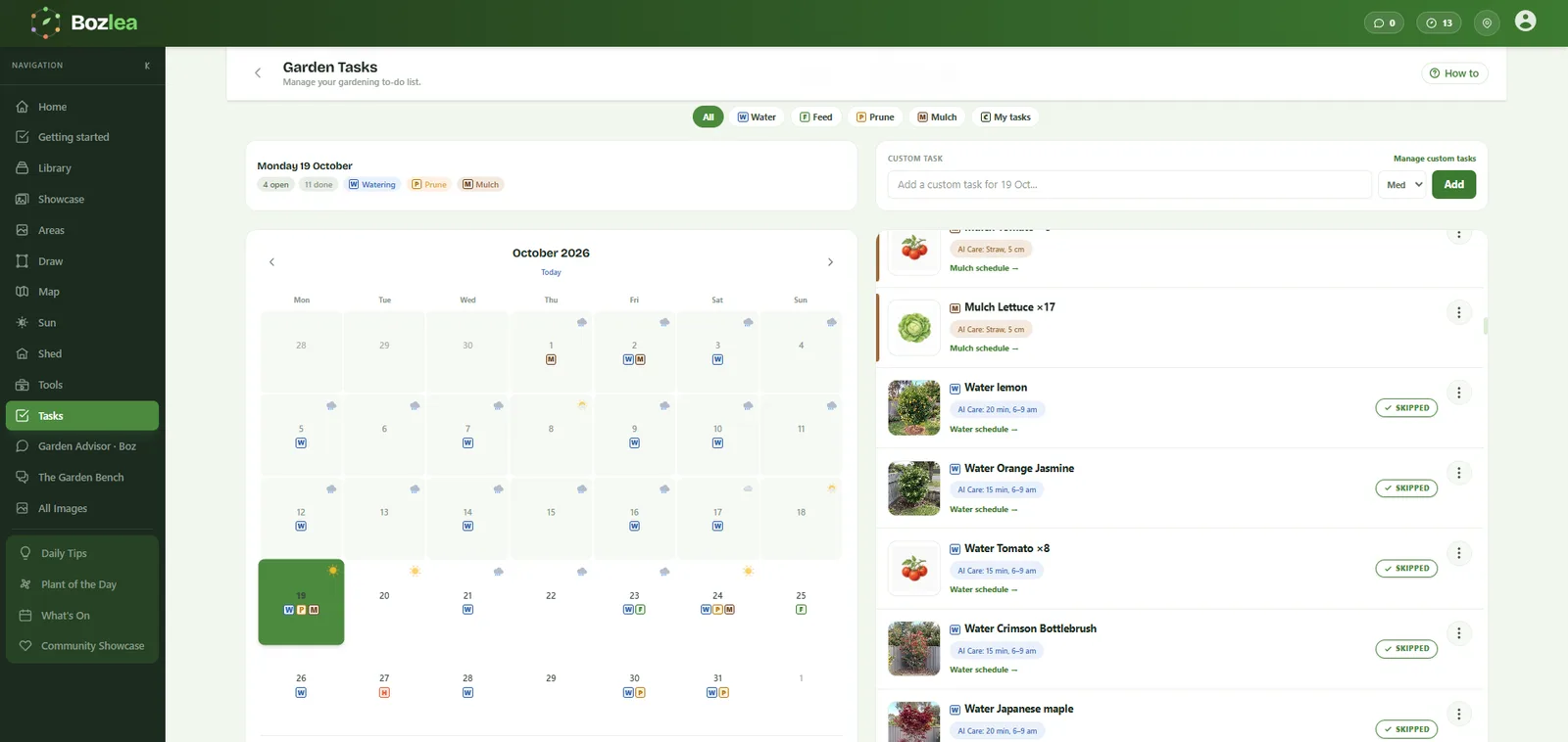 Garden tasks: a calendar of watering, feeding, pruning and mulching, with your own jobs added.