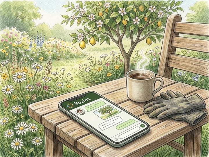 A phone on a garden bench beside a cup of coffee, a Bozlea chat with Boz on its screen