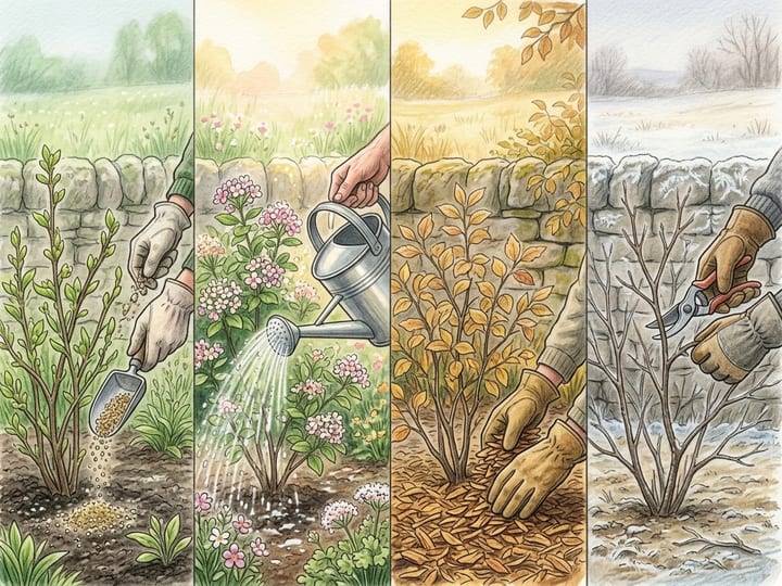One shrub through the year: fed in spring, watered in summer, mulched in autumn, pruned in winter