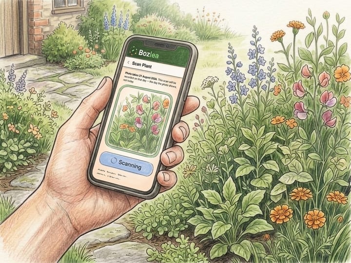 A hand holding a phone up to sweet peas in a garden bed, the Bozlea scanner on its screen scanning them
