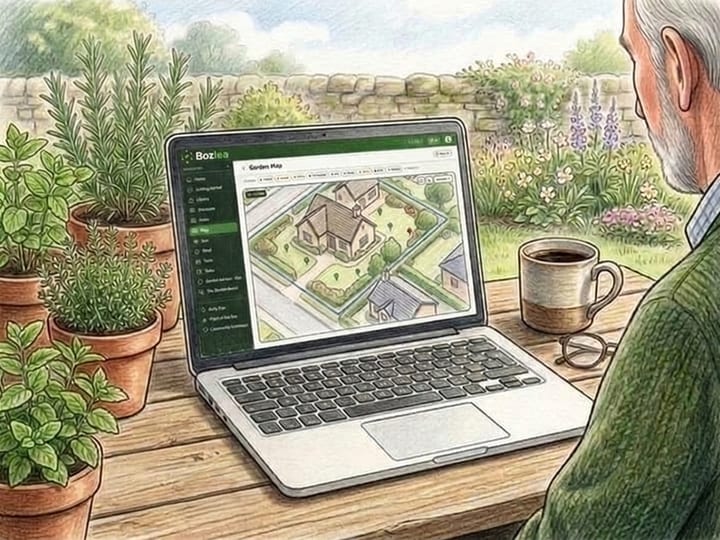 A gardener at a garden table with a coffee, looking at his garden on the Bozlea Garden Map on a laptop