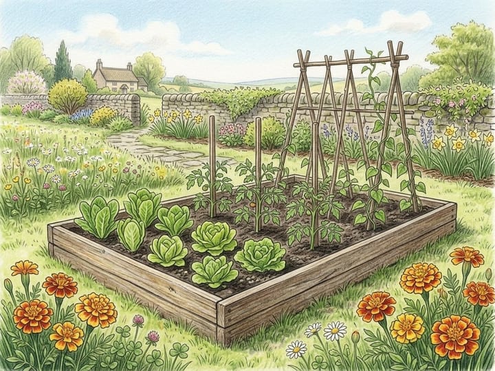 A raised vegetable bed full of young lettuces, tomatoes on stakes and climbing beans, with marigolds at the corners