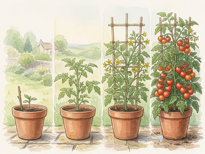 One tomato plant shown four times, from seedling to full of ripe tomatoes