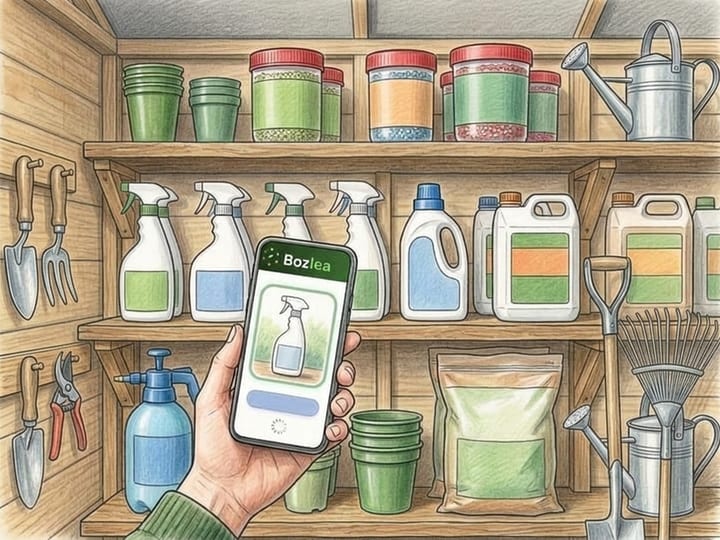A hand scanning a spray bottle with the Bozlea app, in front of timber shed shelves of garden products, with tools hanging on the wall
