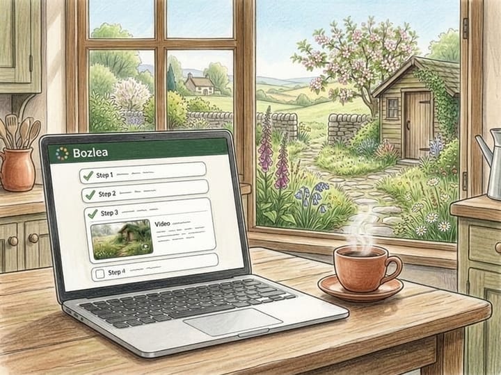 A laptop on a kitchen table showing the Bozlea setup steps ticked off one by one, a cup of coffee beside it