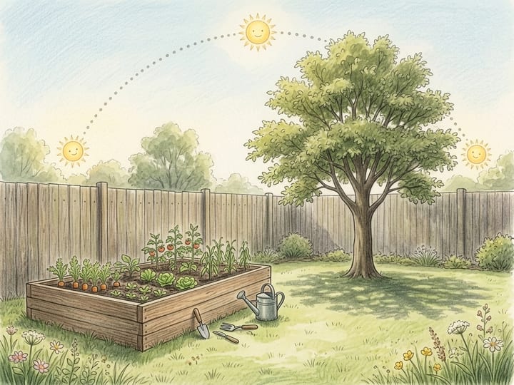 The sun's path across the sky from morning to evening, over a raised vegetable bed and a tree in a back garden