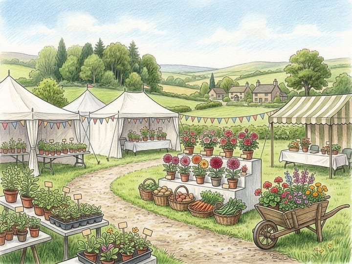 A village garden show with marquees, bunting and tables of plants for sale