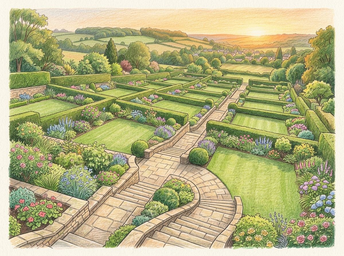 A large terraced garden with hedges, many separate lawns and stone steps in warm evening light
