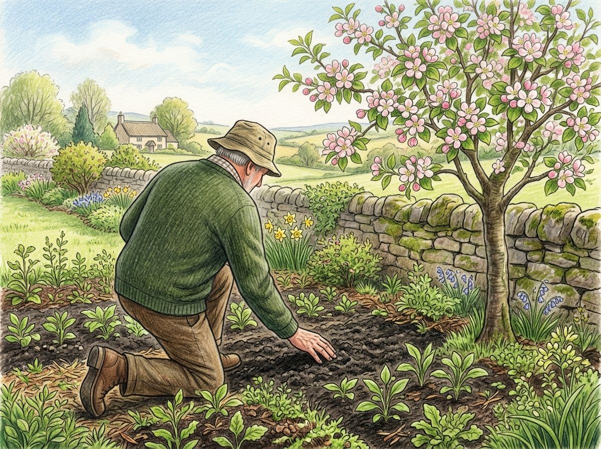 An old gardener kneeling at a garden bed, one hand touching the soil, an apple tree flowering beside a stone wall