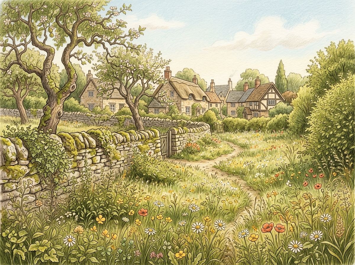 A meadow at the edge of a small village, with hedges, fruit trees and crooked stone walls