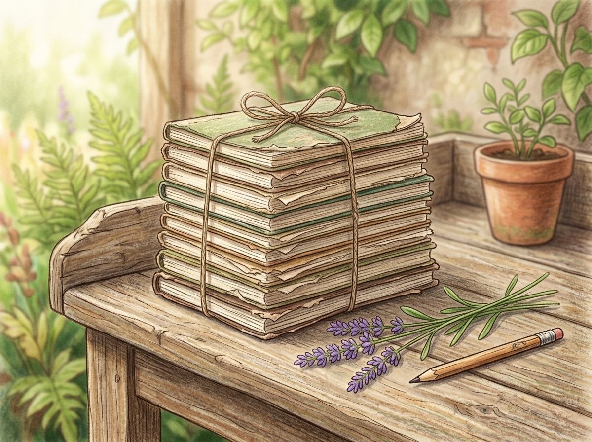 A stack of old weathered notebooks tied with garden string on a wooden potting bench