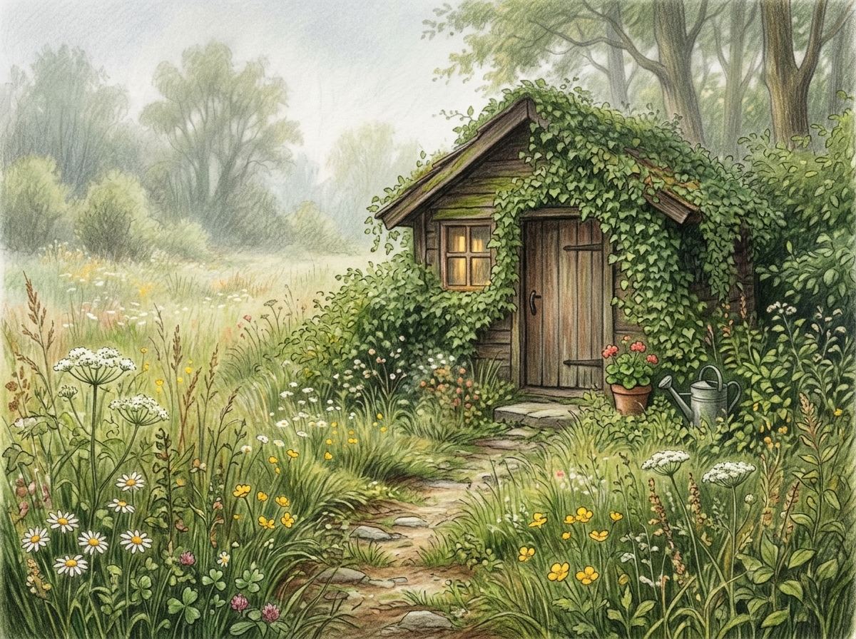A small wooden garden shed nearly hidden behind ivy at the edge of a misty meadow