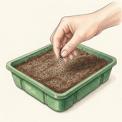 Basil seeds being sown in a seed tray