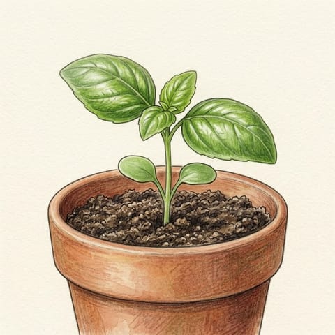 A basil seedling in a small pot