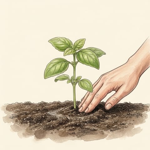A young basil plant just planted in a garden bed