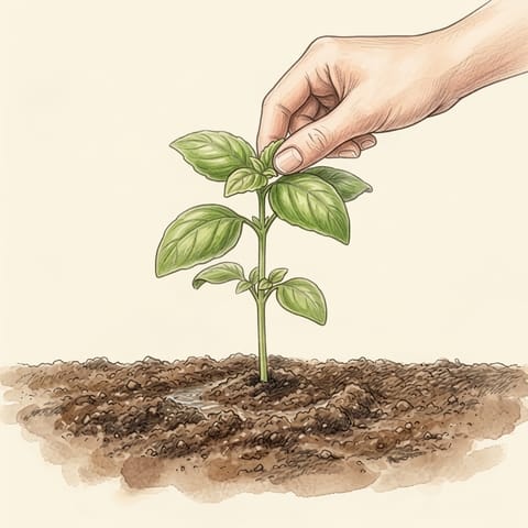 Fingers pinching out the tip of a young basil plant