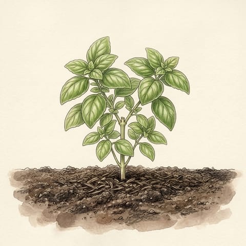 A basil plant branching where it was pinched