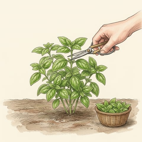 A hand snipping a stem tip from a bushy basil plant