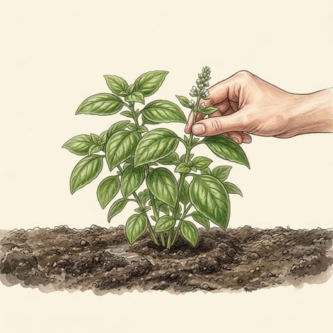 Fingers pinching a flower spike off a basil plant