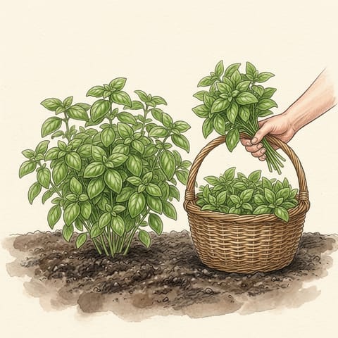 A large basil plant beside a basket of cut stems