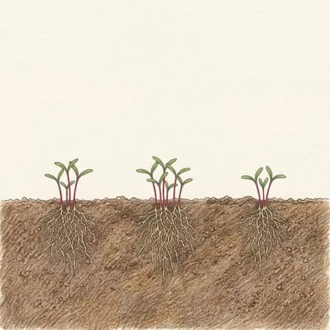 Small clumps of beetroot seedlings just through the soil