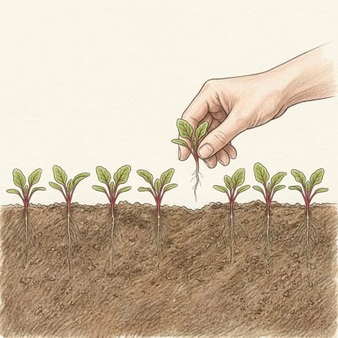 Fingers pulling a spare beetroot seedling from a clump