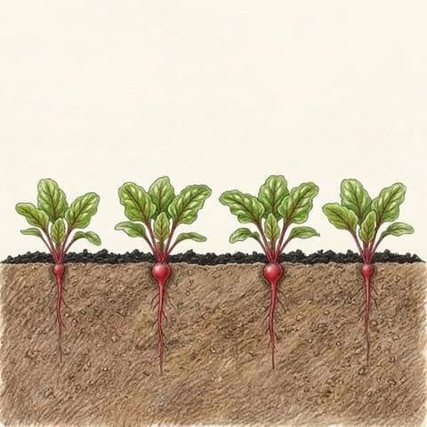 Young beetroot plants with compost on the soil between them
