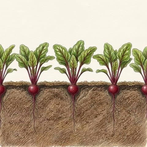 Beetroot roots starting to swell below red-stalked leaves