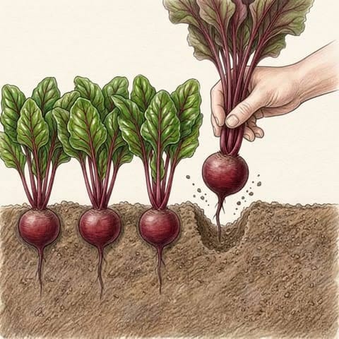 A hand pulling a small beetroot from the row