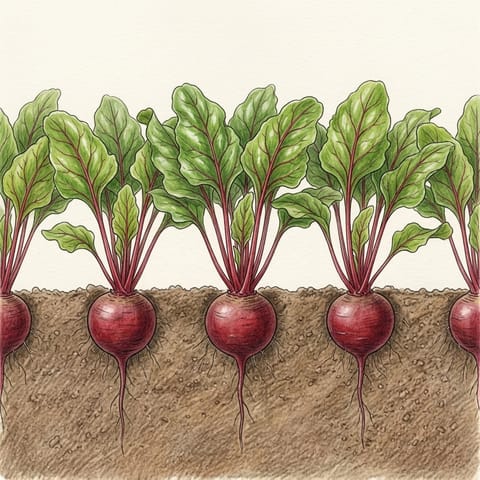 Full-sized beetroot under the soil below tall leaves