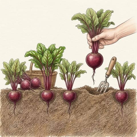 A hand lifting a beetroot beside a basket