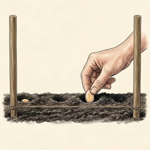 A hand pushing a broad bean seed into the soil between two stakes