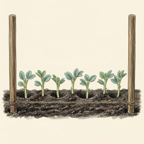 A row of young broad bean shoots between two stakes