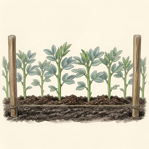 Young broad bean plants with compost mulch along the row