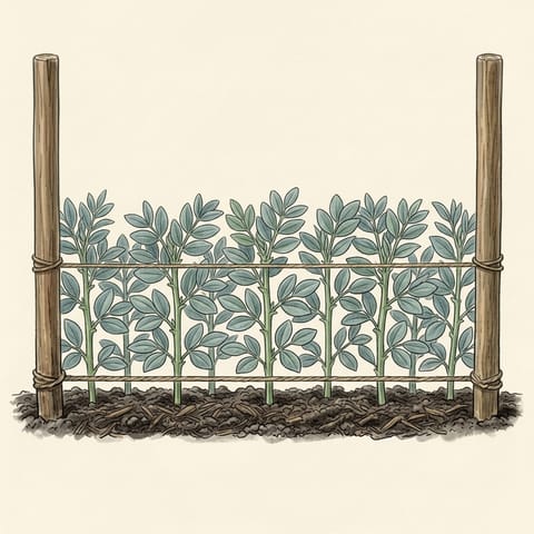 Knee-high broad bean plants held inside lines of string