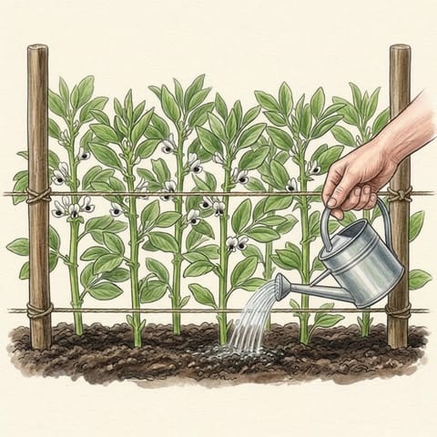Broad bean plants in flower, the row being watered