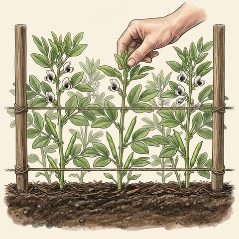 A hand pinching out the top of a broad bean stem