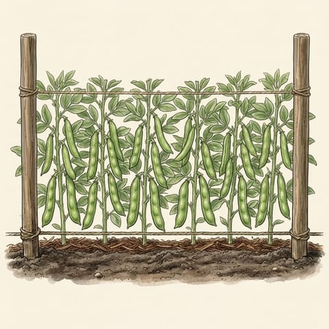 Fat green broad bean pods hanging on tall plants