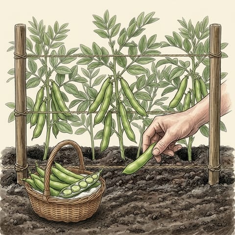 A hand picking a broad bean pod beside a basket of pods