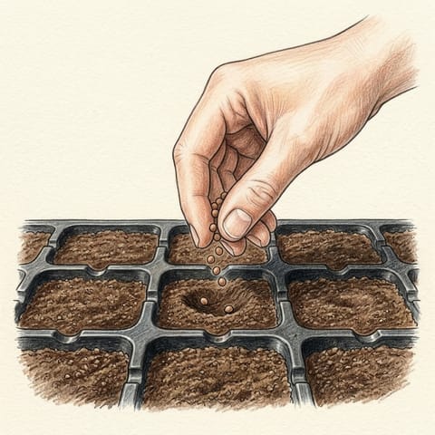 Broccoli seeds being sown into a modular seed tray