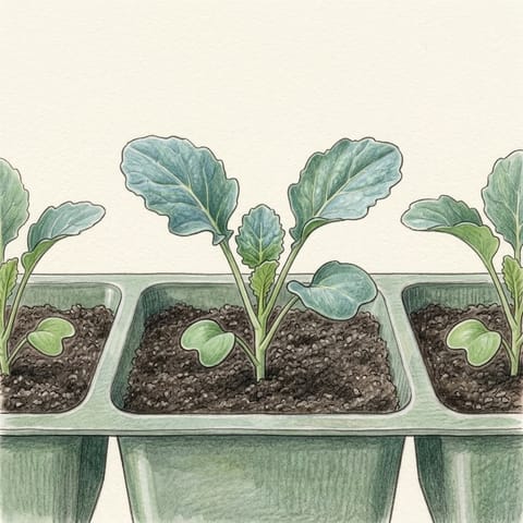 A young broccoli seedling in a cell of a seed tray