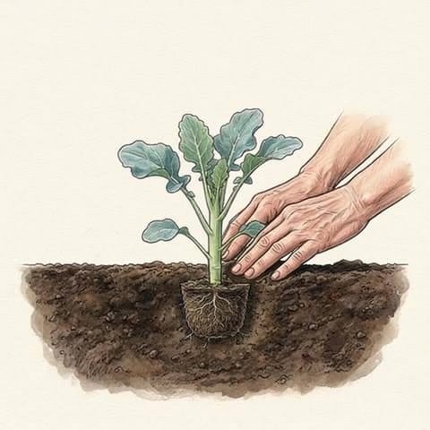 A young broccoli plant set deep in the soil and firmed in
