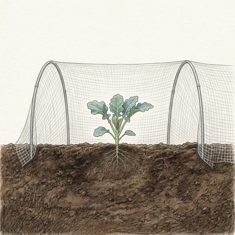 A young broccoli plant under fine insect mesh on hoops